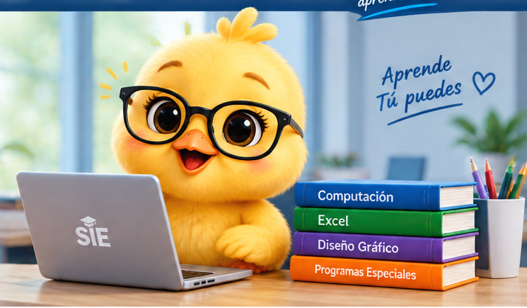 Mascota de Tecnología SIE aprendiendo frente a una computadora